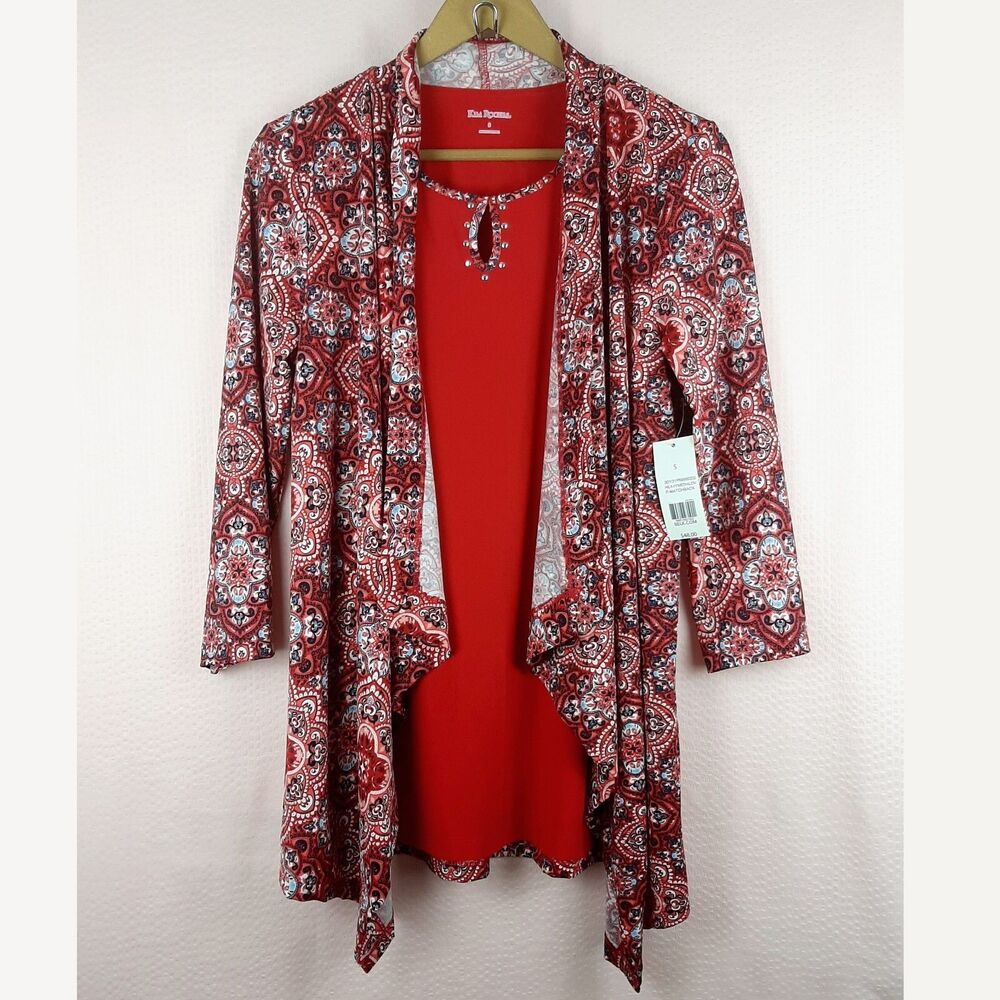 NEW Kim Rogers Bright Combo Top 3/4 Sleeve Stretch Casual Size S